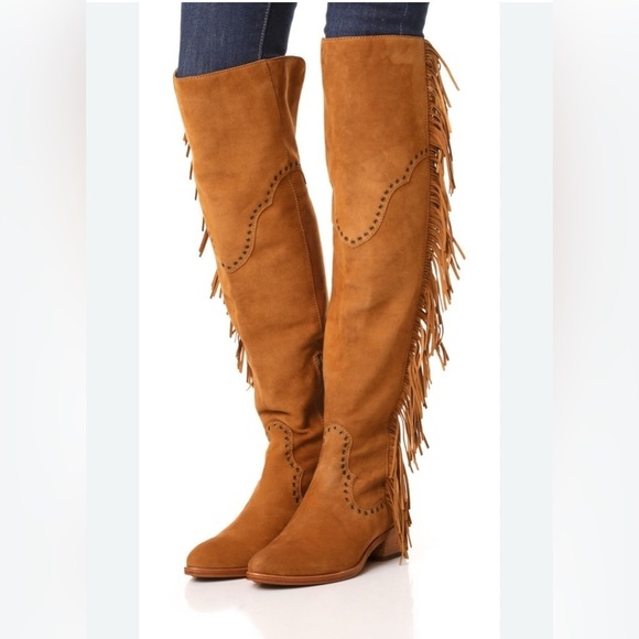 Frye Shoes - Frye Ray Fringe Over the Knee Tall Suede Grommet Pointed Toe Boots Tan 6.5